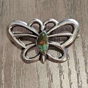 Vintage FJ Navajo Silver Butterfly Brooch Pin with Turquoise Stone center